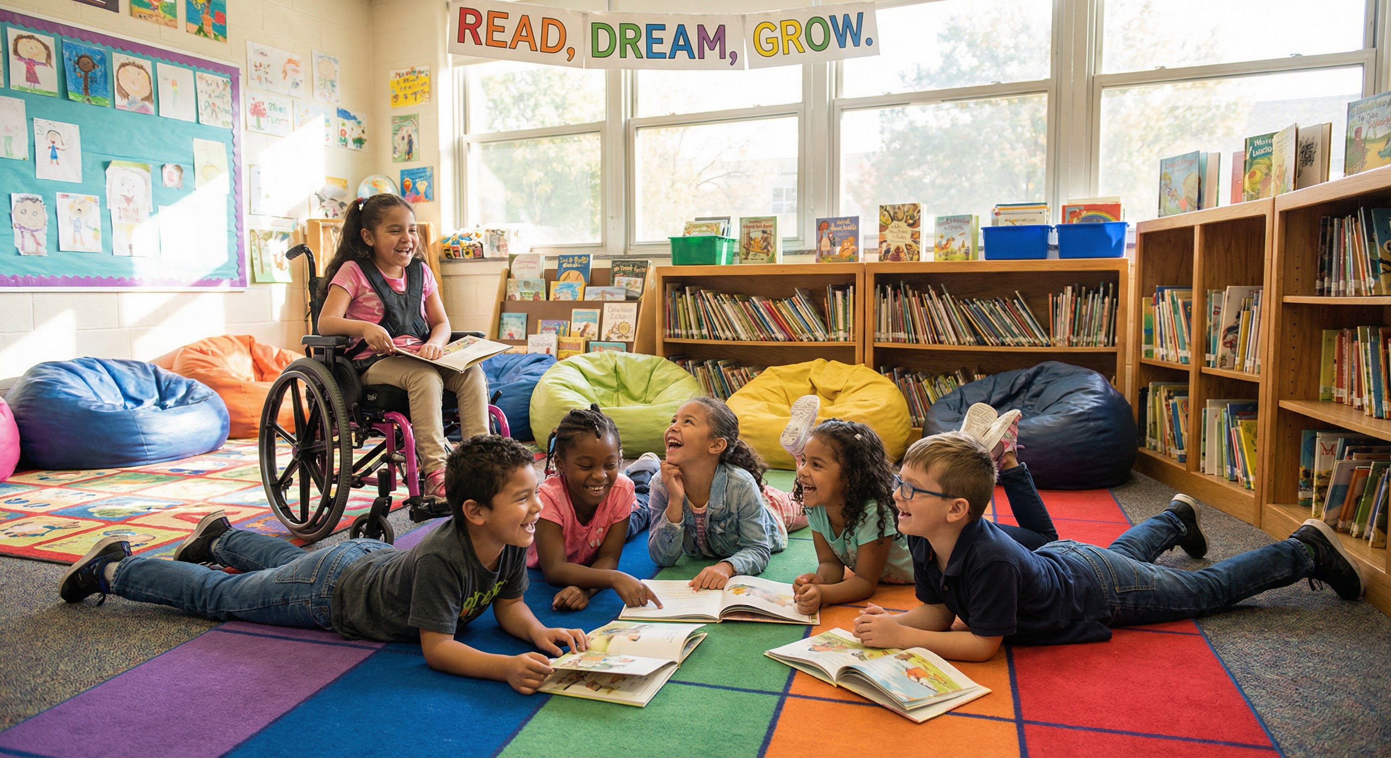 Children reading books in a classroom